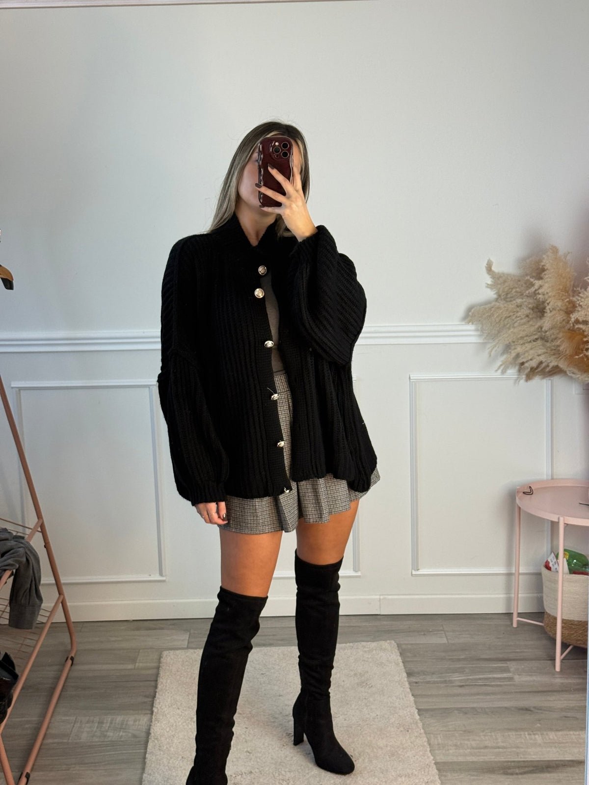 Cardigan oversize in maglia con bottoni gioiello e maniche a palloncino - Follie by Alice