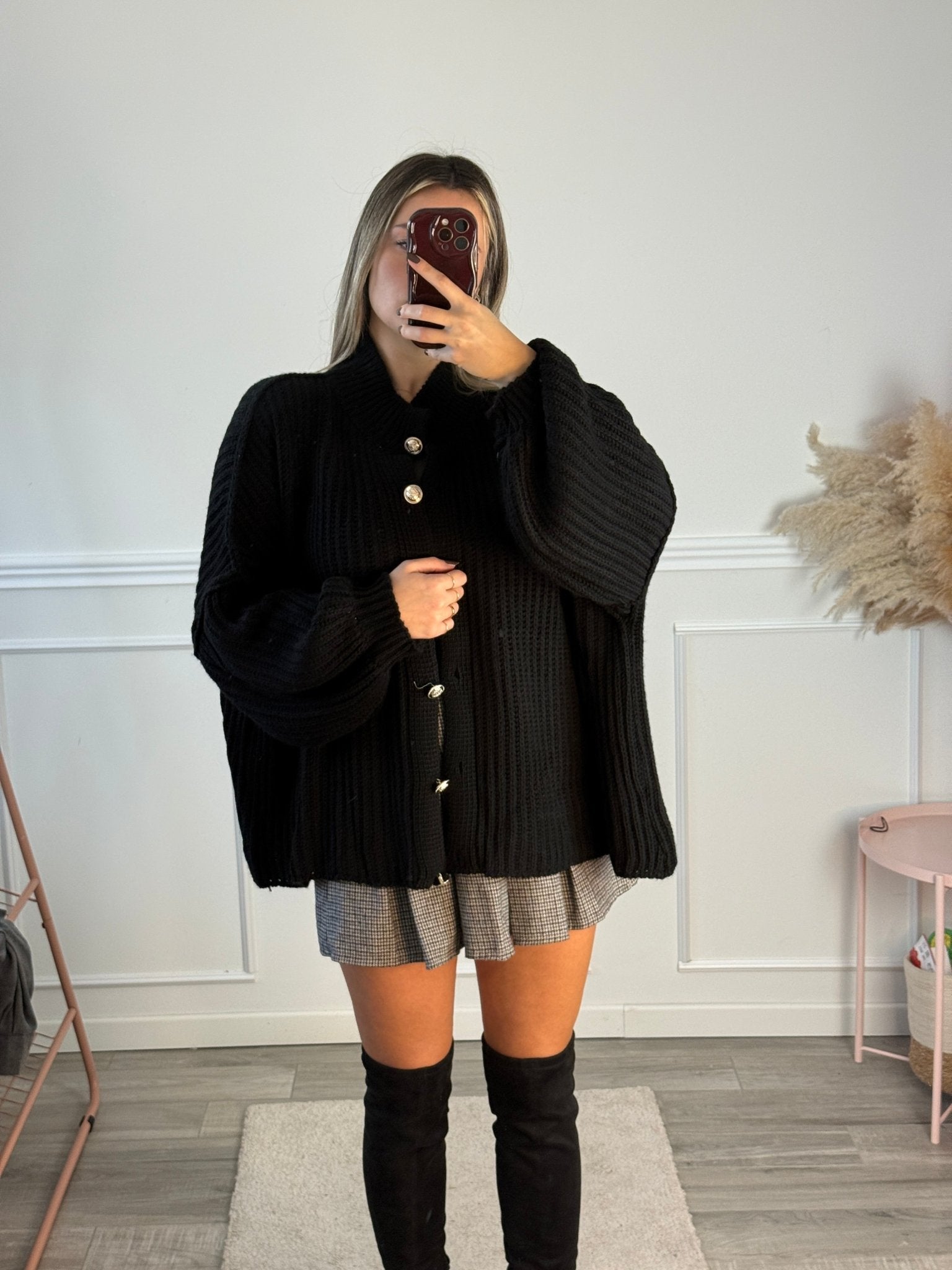 Cardigan oversize in maglia con bottoni gioiello e maniche a palloncino - Follie by Alice