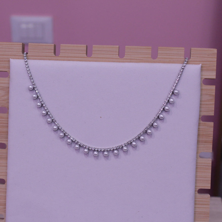Collana argento con strass e perle bianche – alternate