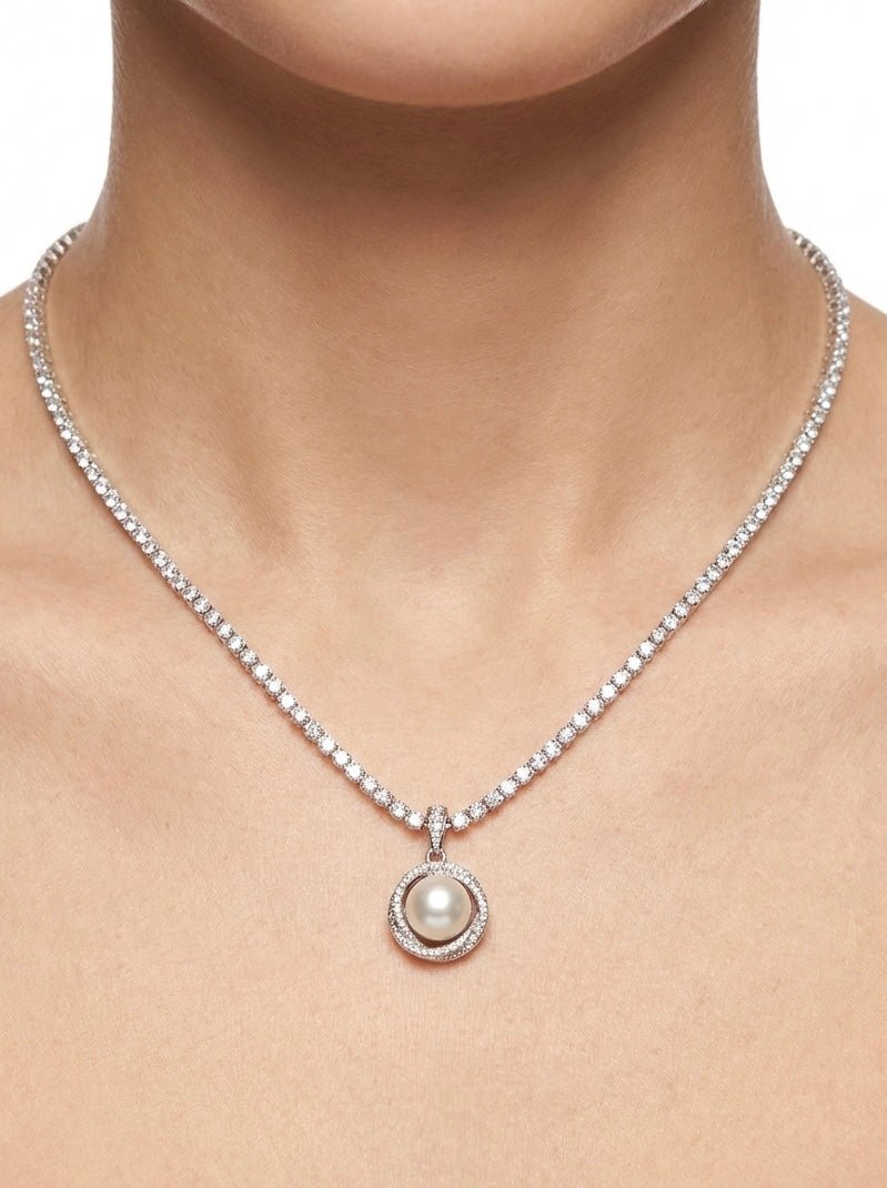 Collana argento tennis con perla bianca