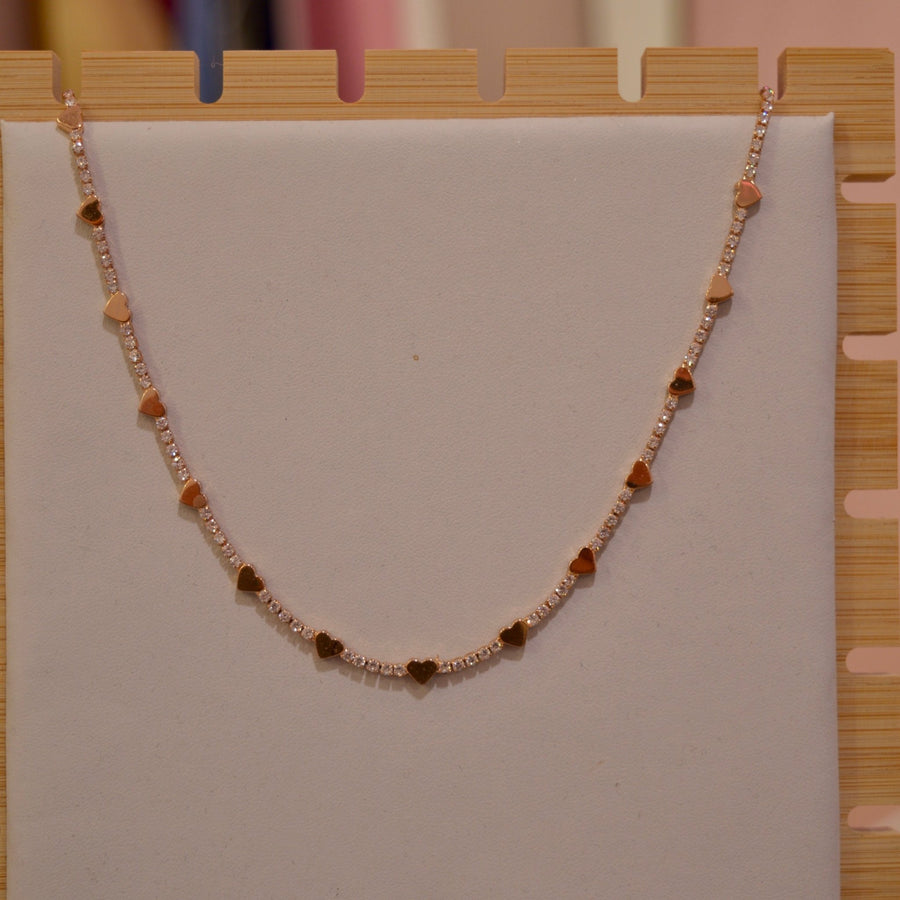Collana oro tennis con strass e cuoricini