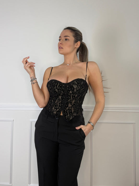 Corpetto in pizzo con ricami floreali e coppe strutturate - Follie by Alice 1536