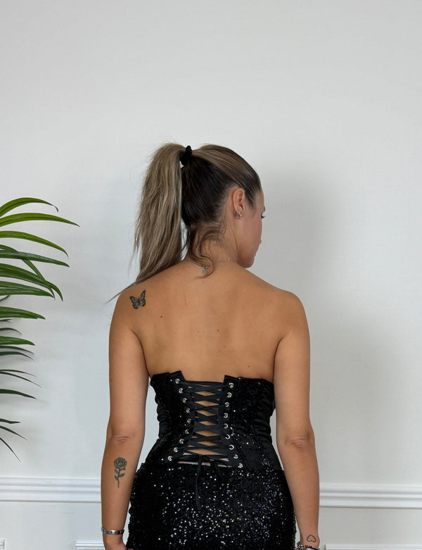 Corsetto bustier in raso con paillettes e allacciatura MEZZANOTTE - Follie by Alice