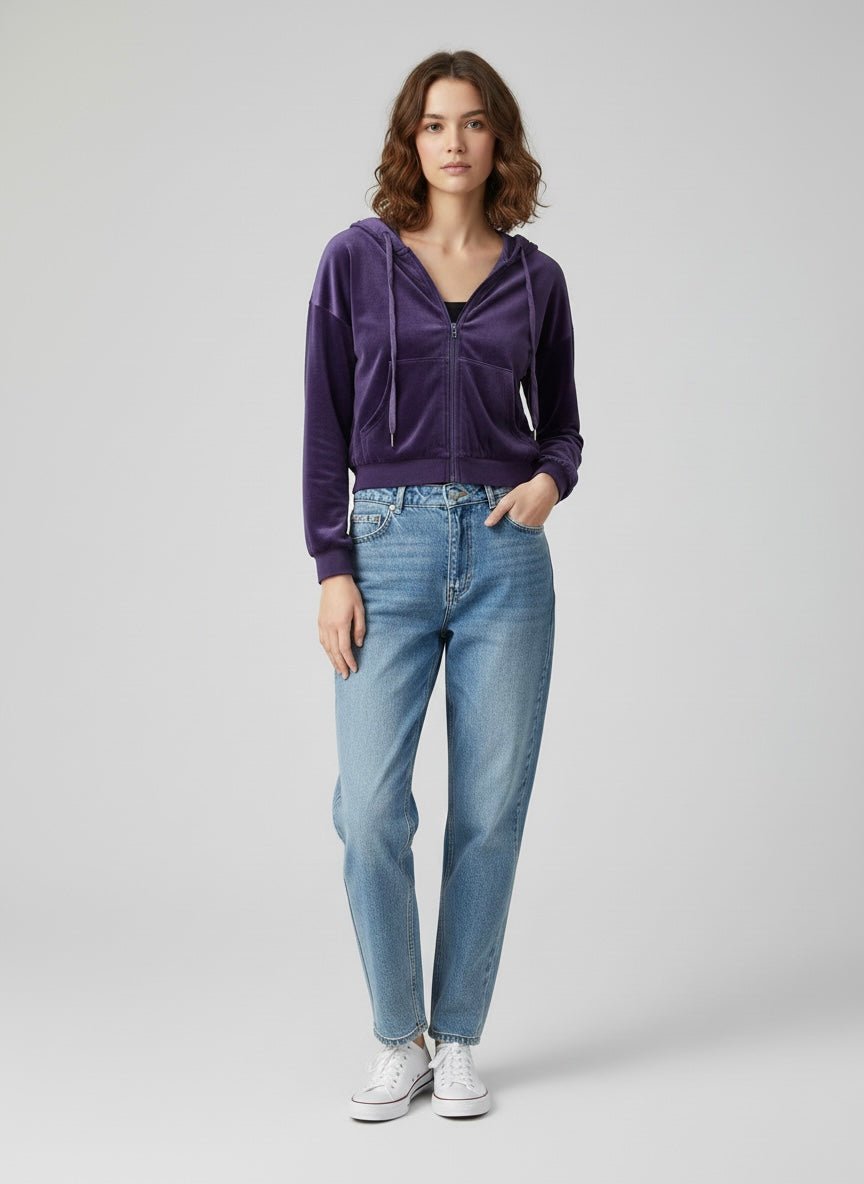 Felpa crop con cappuccio e zip viola in ciniglia - Follie by Alice