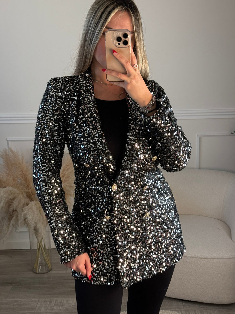 Giacca blazer doppiopetto con paillettes e bottoni gioiello