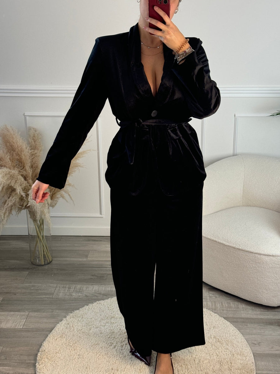 Giacca blazer in ciniglia con nastro in vita – alternate