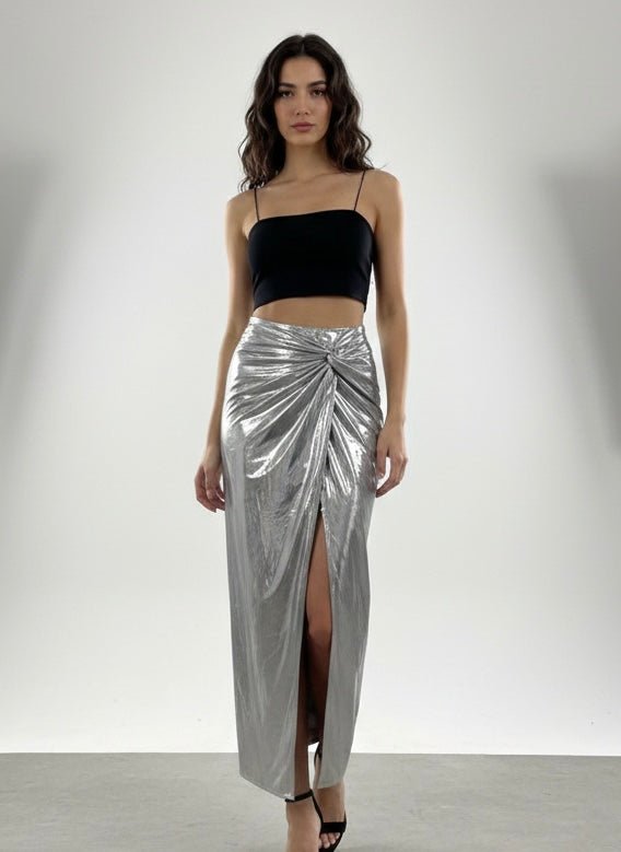 Gonna lunga metallizzata argento con spacco