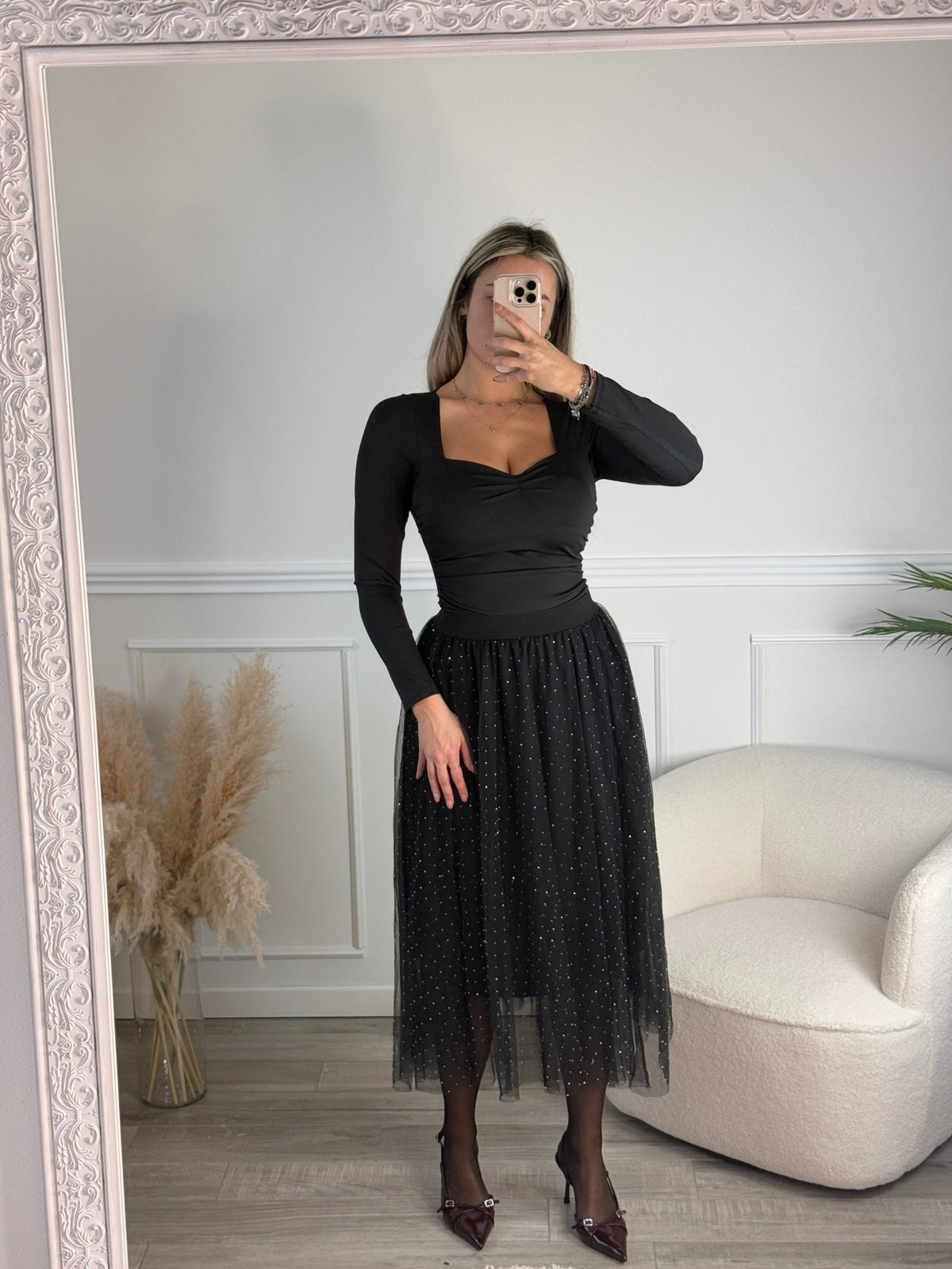 Gonna Victoria lunga in tulle con strass gioiello - Follie by Alice