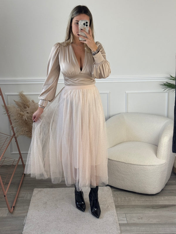 Gonna Victoria lunga in tulle con strass gioiello - Follie by Alice