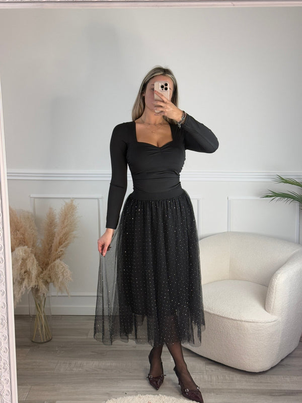 Gonna Victoria lunga in tulle con strass gioiello - Follie by Alice