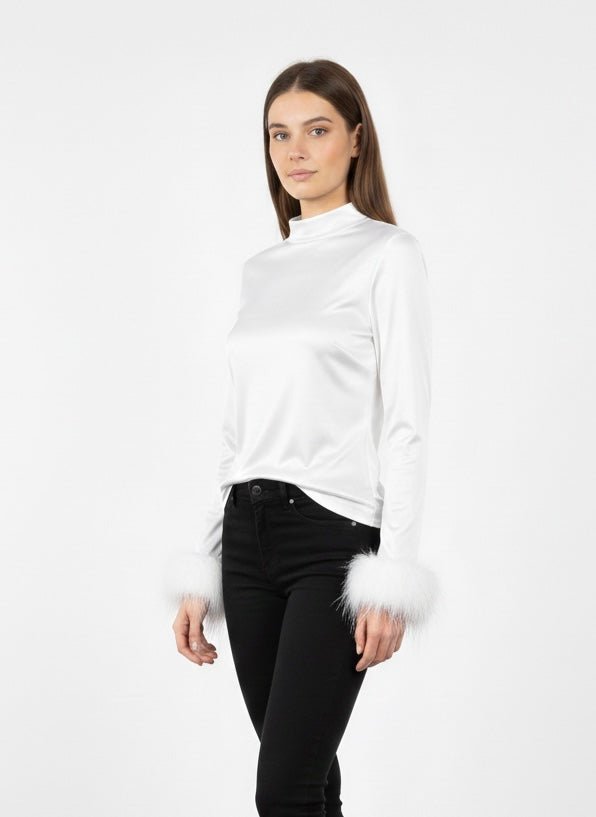 Maglia in raso a maniche lunghe con piume a fondo manica - Follie by Alice