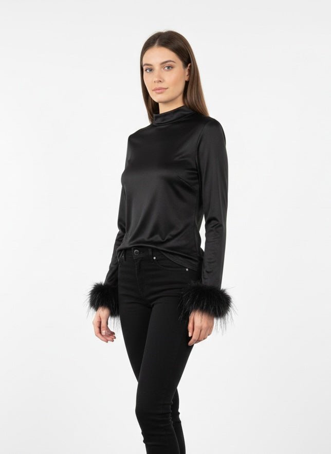 Maglia in raso a maniche lunghe con piume a fondo manica - Follie by Alice