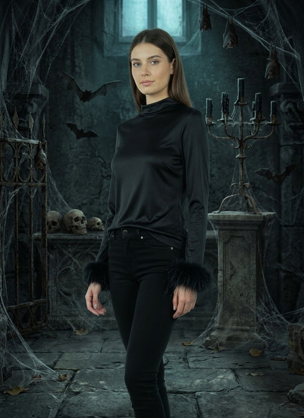 Maglia in raso a maniche lunghe con piume a fondo manica MOLLY - Follie by Alice