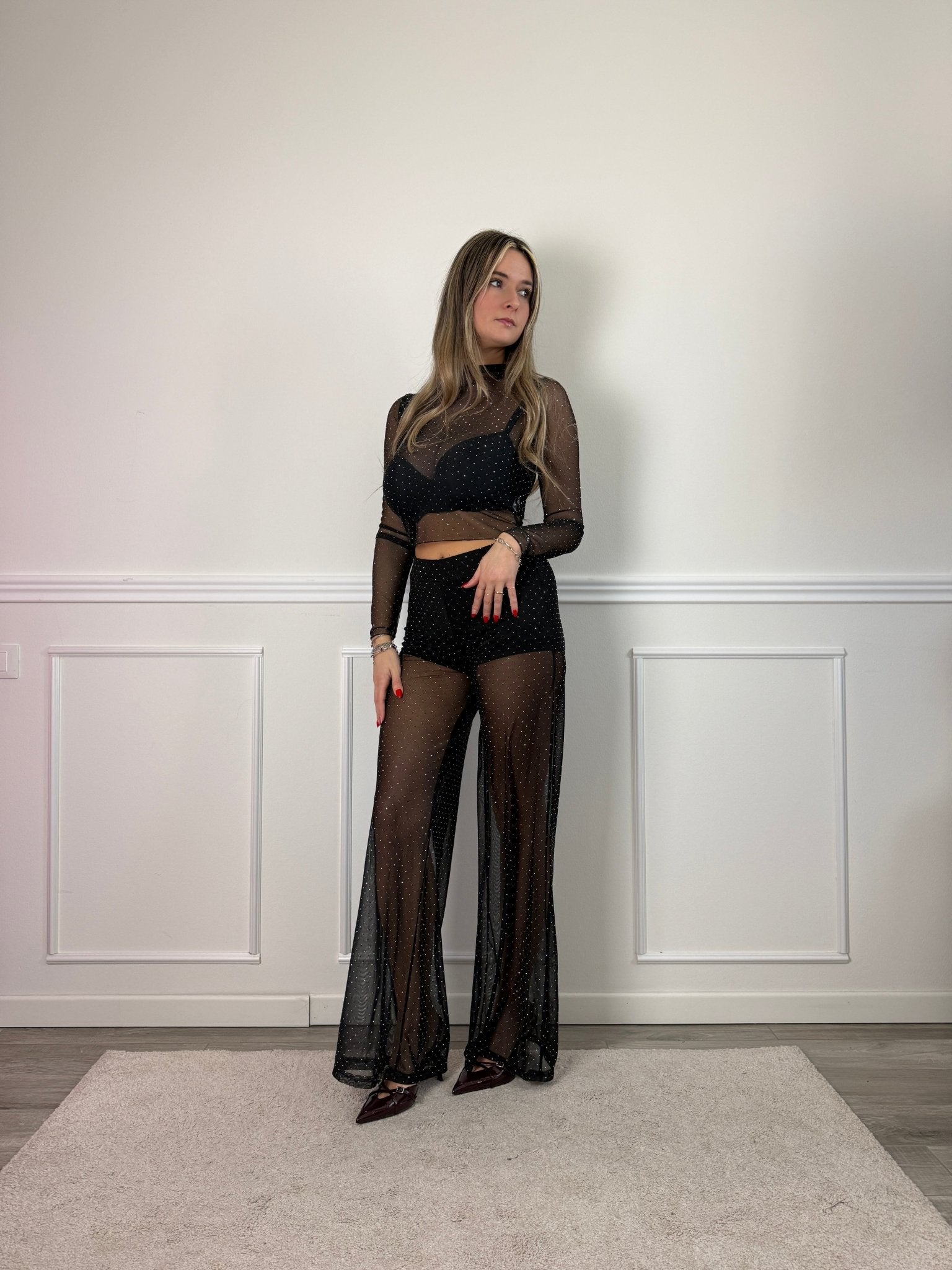 Maglia velata a maniche lunghe con strass gioiello - Follie by Alice