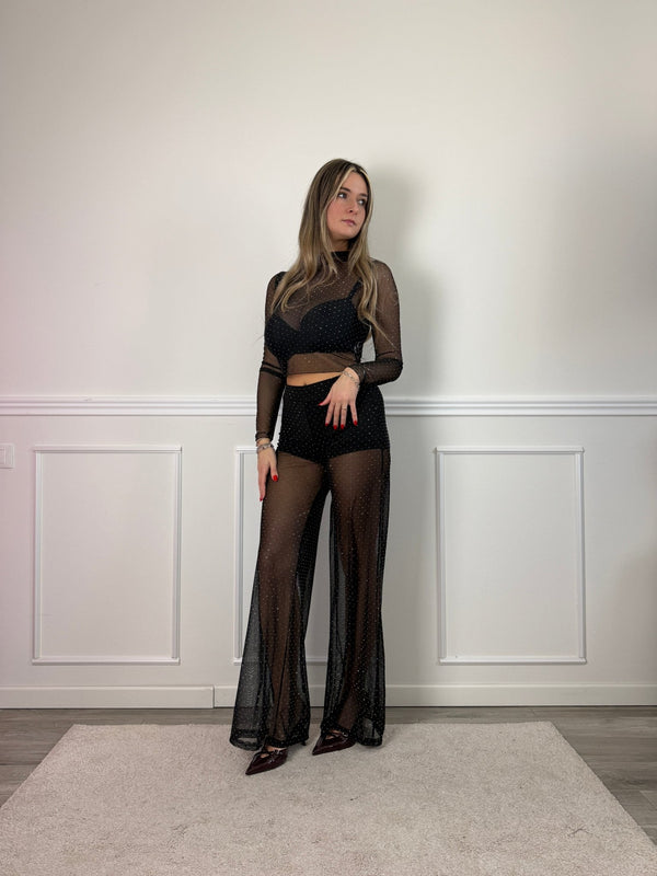 Maglia velata a maniche lunghe con strass gioiello - Follie by Alice