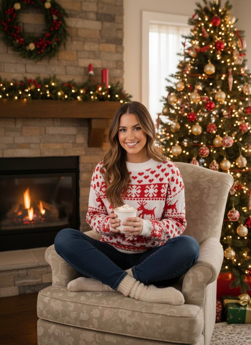 Maglione natalizio con cuoricini, renne e fiocchi di neve – alternate