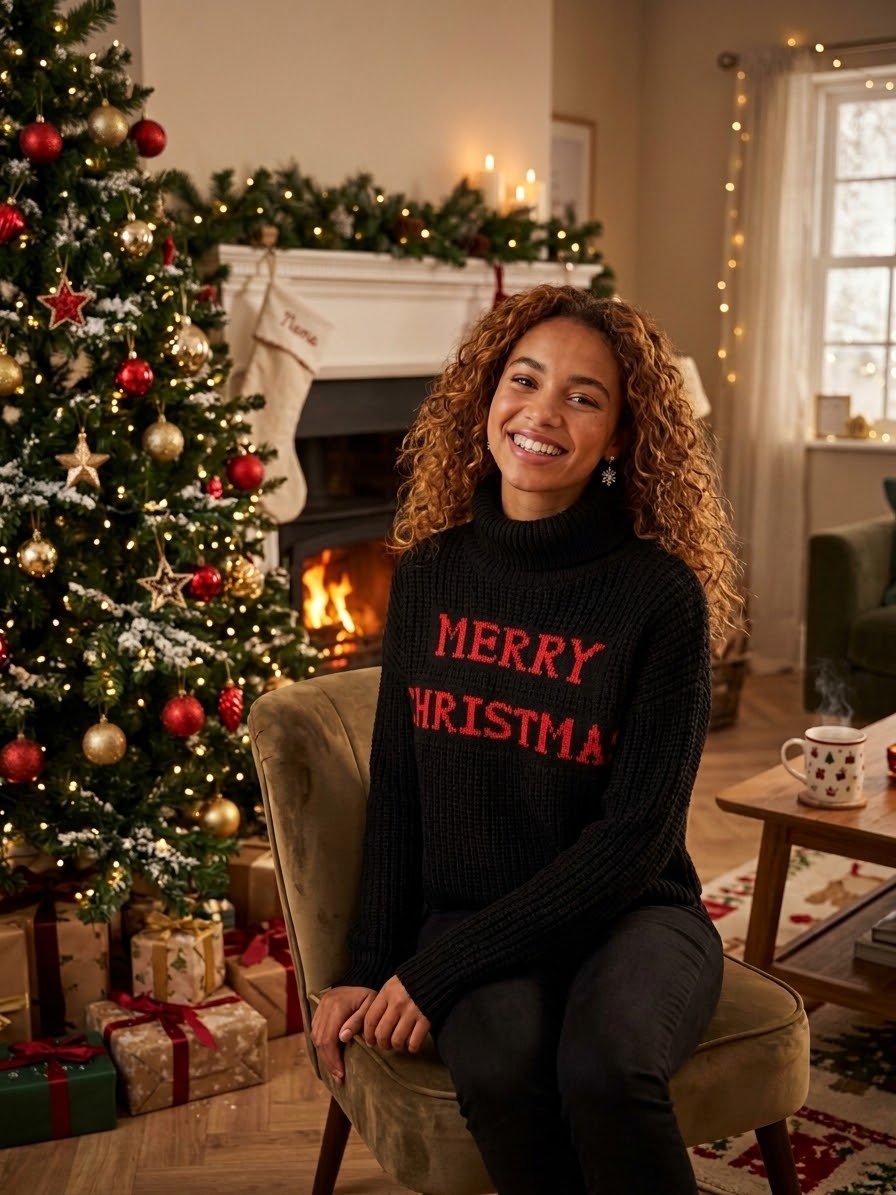 Maglione natalizio corto a collo alto nero con scritta "Merry Christmas" - Follie by Alice