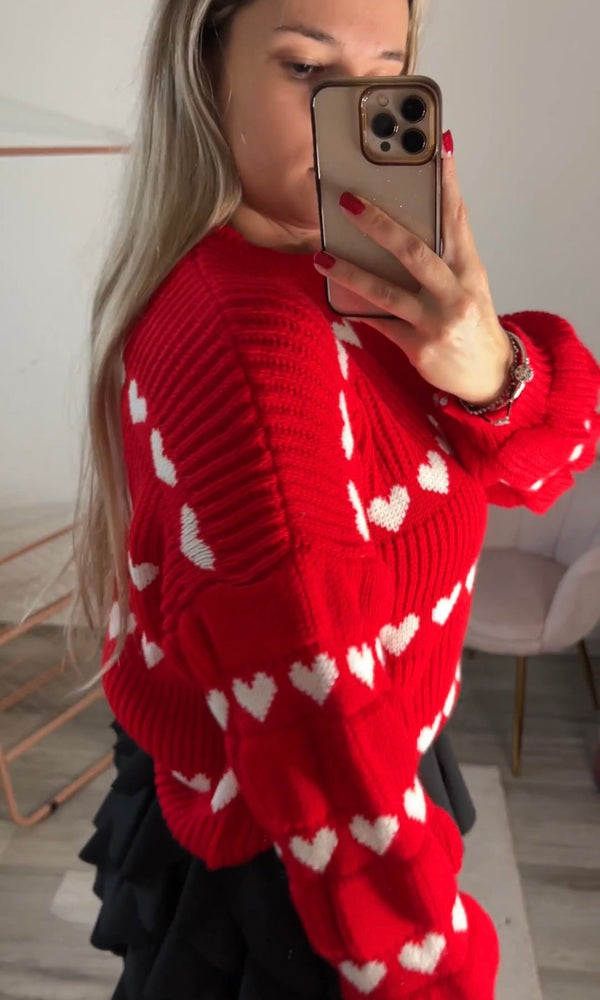 Maglione oversize rosso con cuoricini bianchi - Follie by Alice