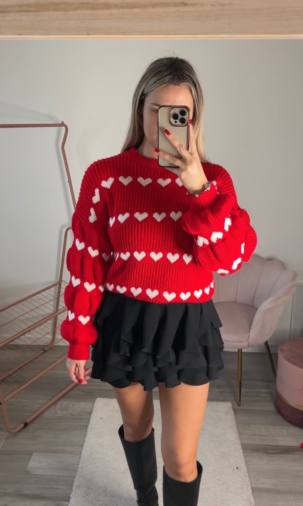Maglione oversize rosso con cuoricini bianchi - Follie by Alice