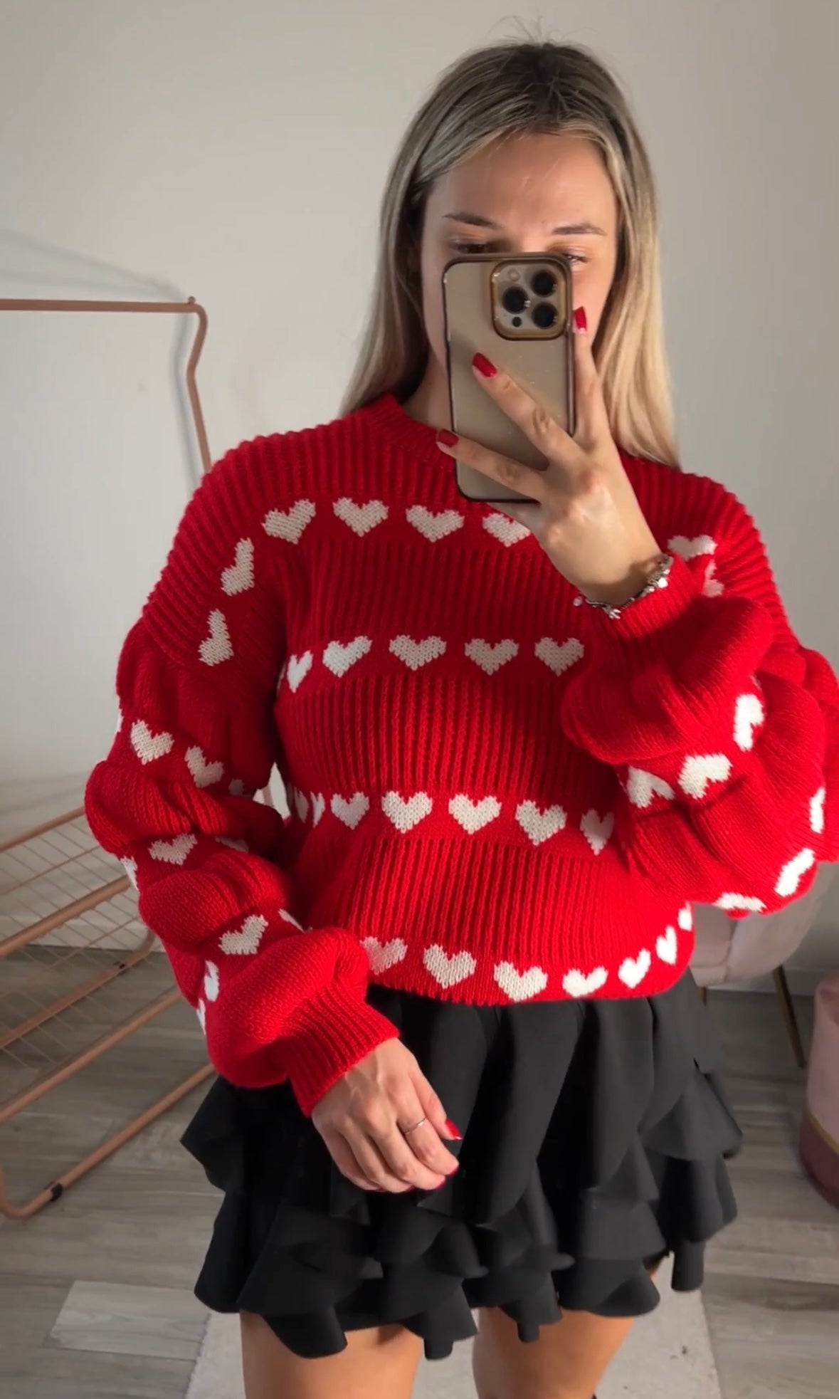 Maglione oversize rosso con cuoricini bianchi - Follie by Alice