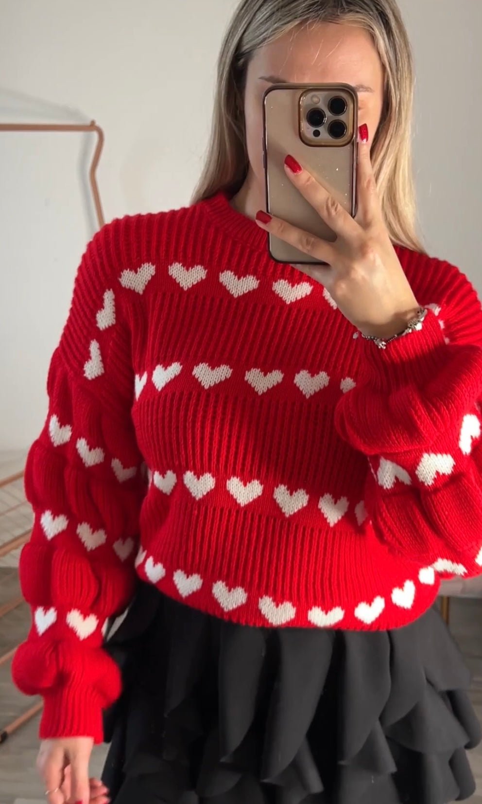 Maglione oversize rosso con cuoricini bianchi - Follie by Alice