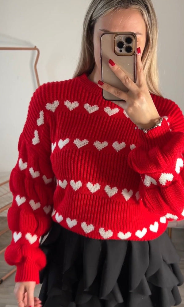 Maglione oversize rosso con cuoricini bianchi - Follie by Alice