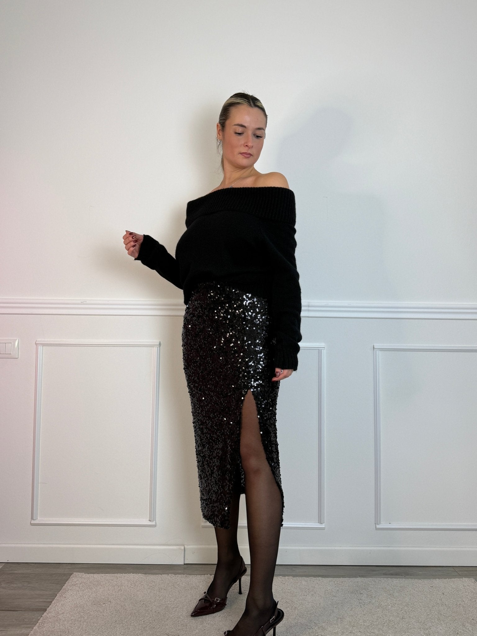 Gonna lunga con paillettes e spacco Immagine secondaria del prodotto