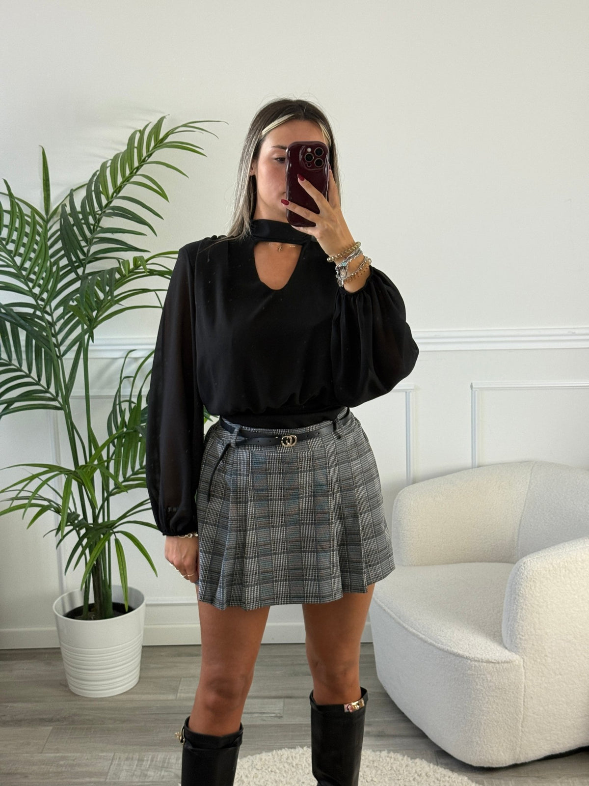 Pantaloncino - gonna plissettato con fantasia pied - de - poule e cintura - Follie by Alice Immagine principale del prodotto