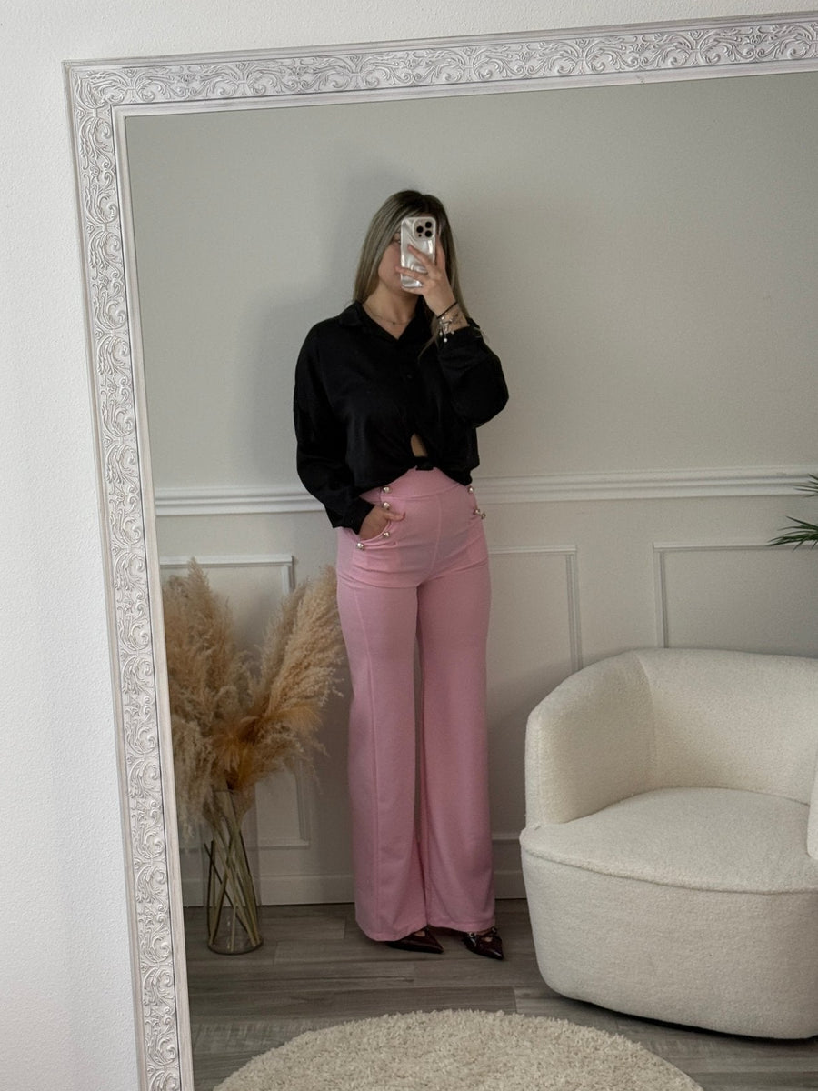 Pantaloni a palazzo con bottoni gioiello