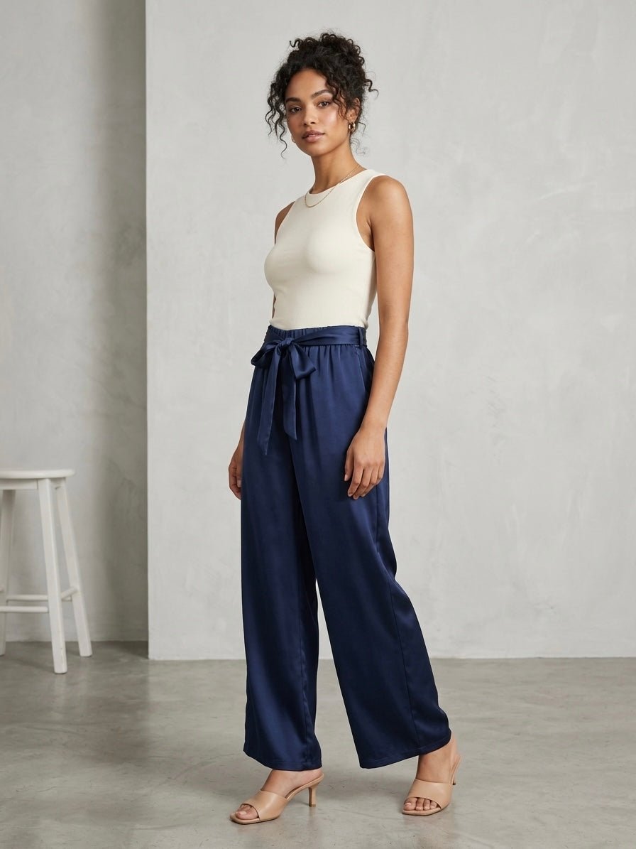 Pantaloni a palazzo in raso con nastro in vita - Follie by Alice