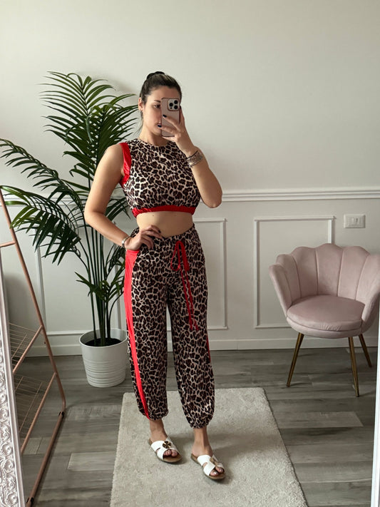 Pantaloni joggers leggeri animalier con banda rossa