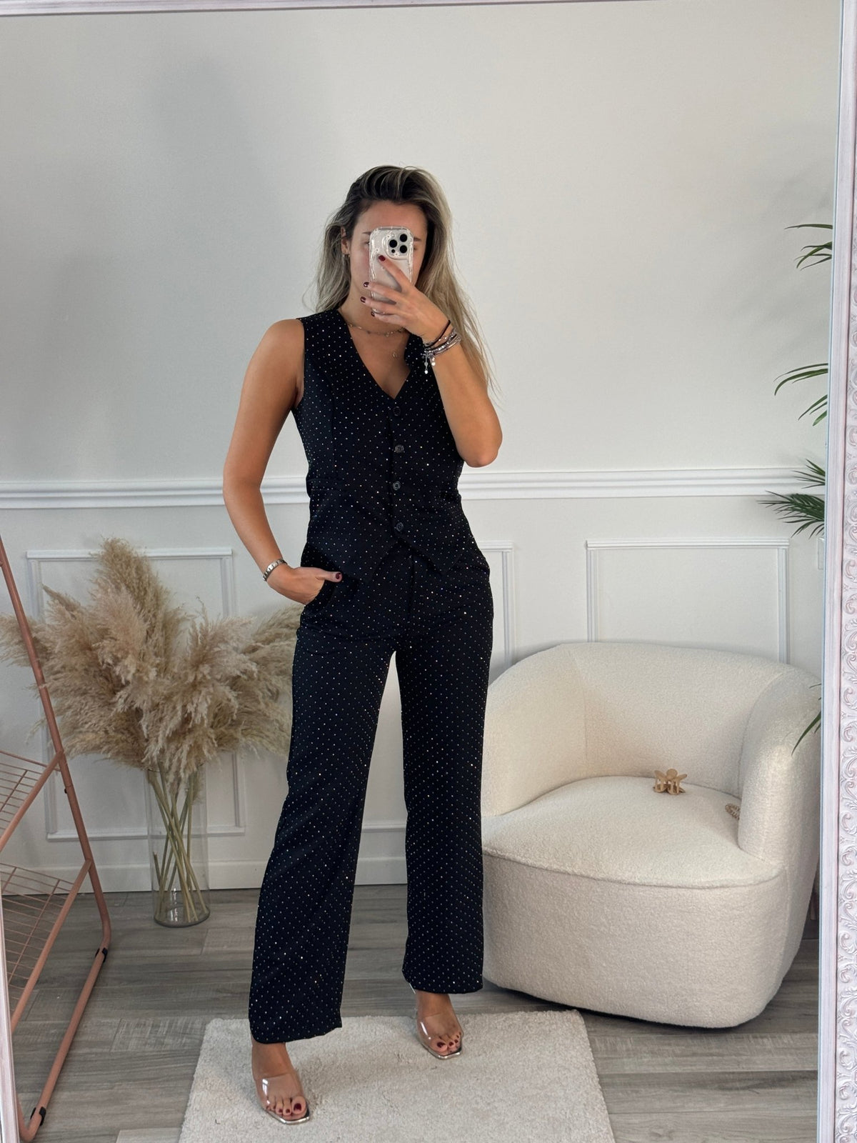 Pantaloni lunghi a palazzo con strass gioiello - Follie by Alice Immagine principale del prodotto