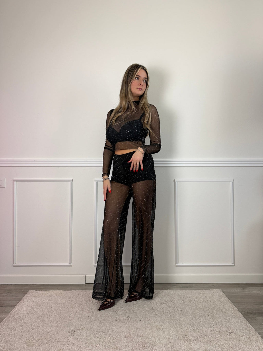 Pantaloni lunghi a palazzo in tulle trasparente con strass gioiello - Follie by Alice