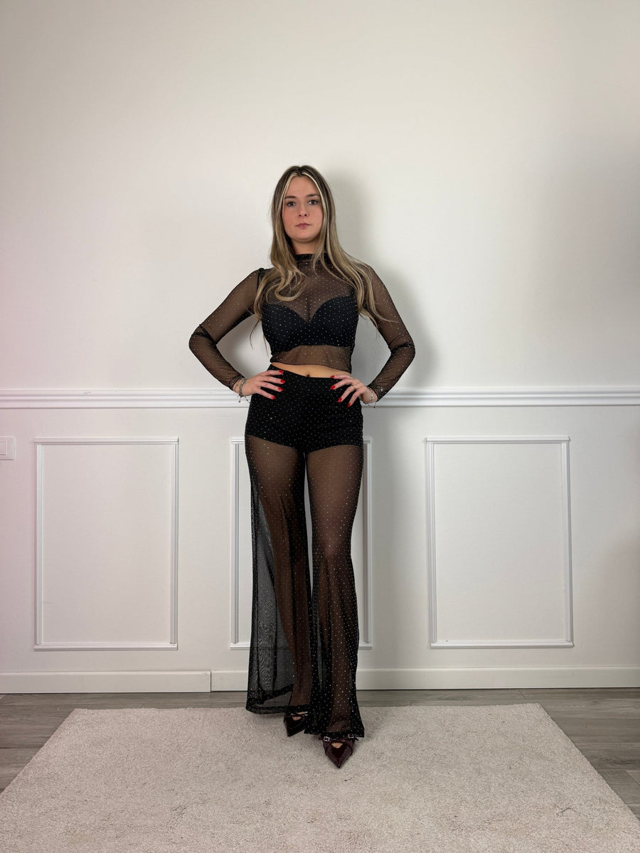 Pantaloni lunghi a palazzo in tulle trasparente con strass gioiello – alternate