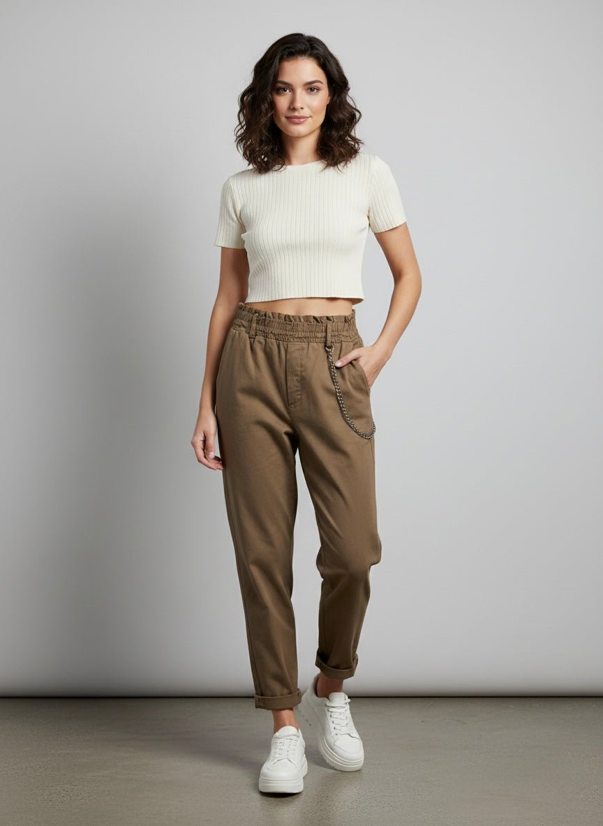 Pantaloni marroni con catenina e vita elasticizzata - Follie by Alice