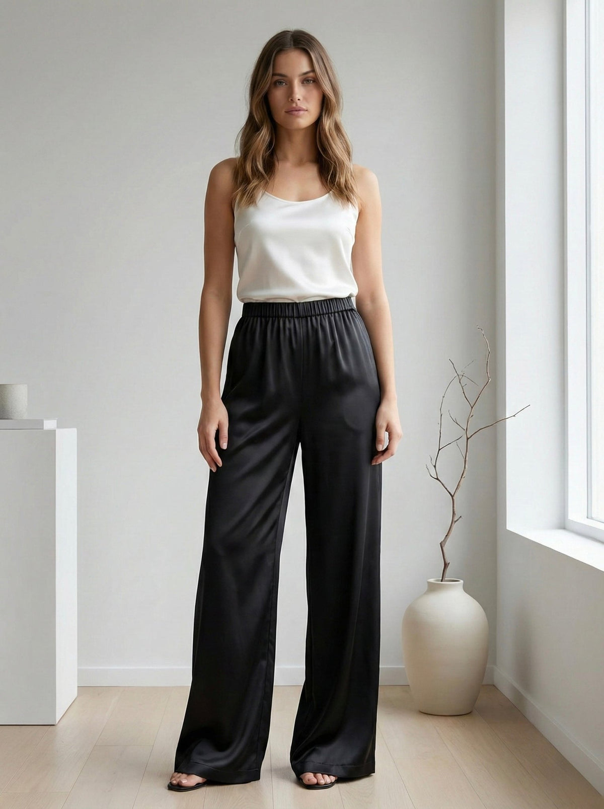 Pantaloni neri satin oversize con vita elasticizzata - Follie by Alice Immagine principale del prodotto