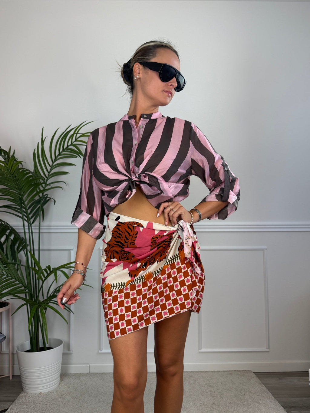 Pareo gonna bianco con stampe animalier e pattern check ISLA - Follie by Alice