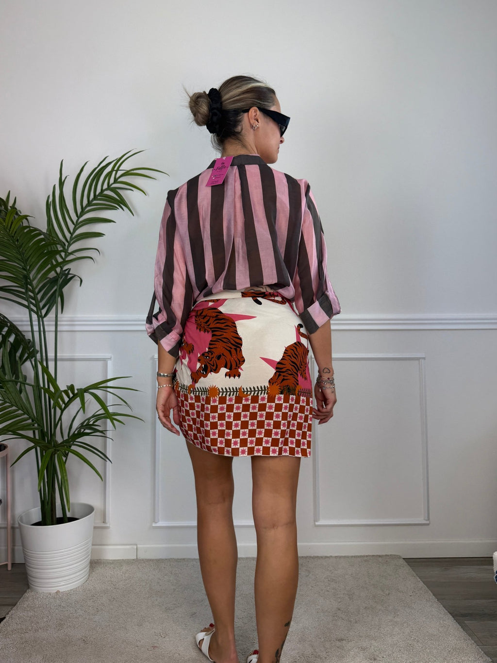 Pareo gonna bianco con stampe animalier e pattern check ISLA - Follie by Alice