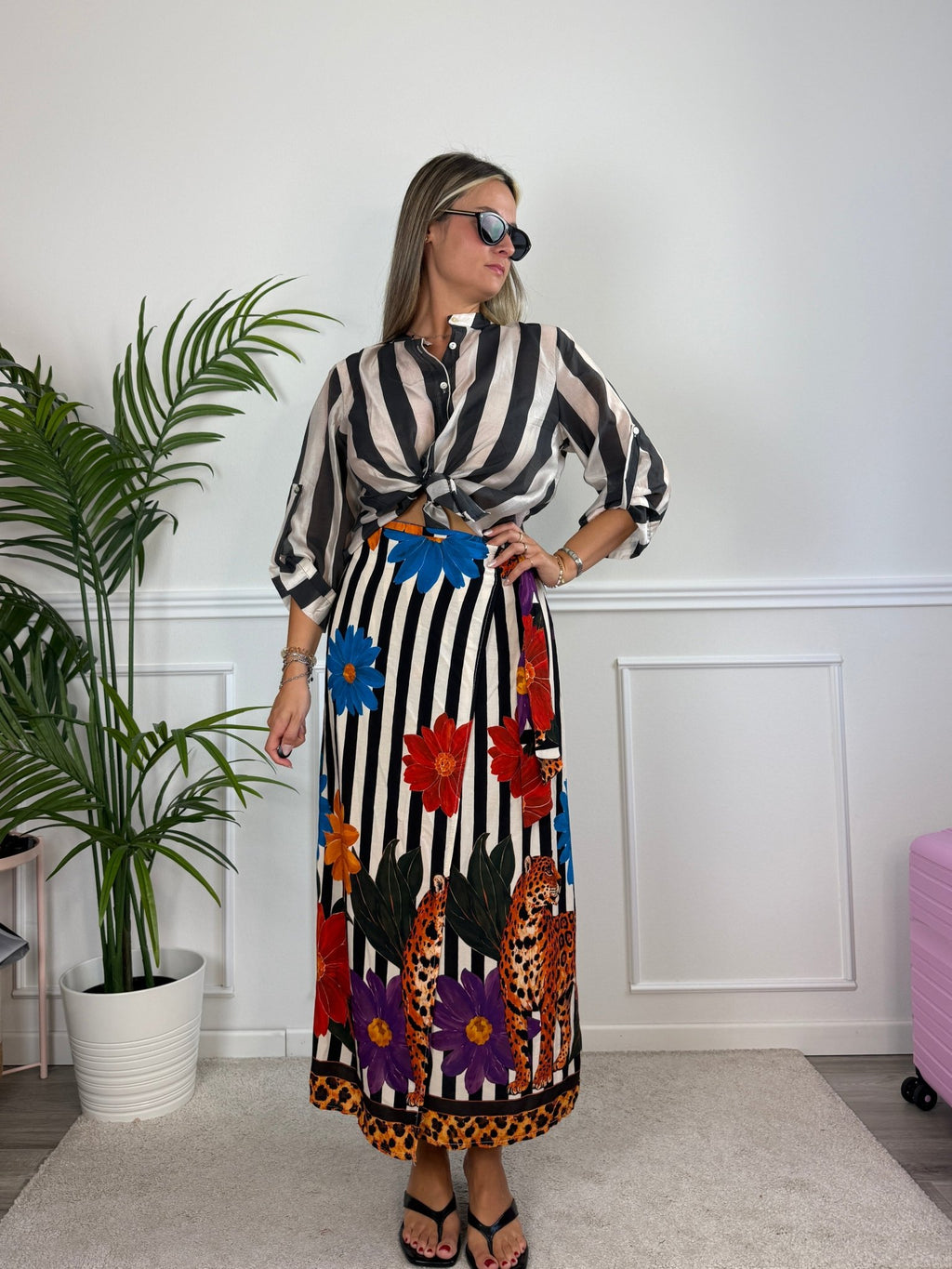 Pareo gonna lungo a righe con leopardi e fiori multicolor ISLA - Follie by Alice