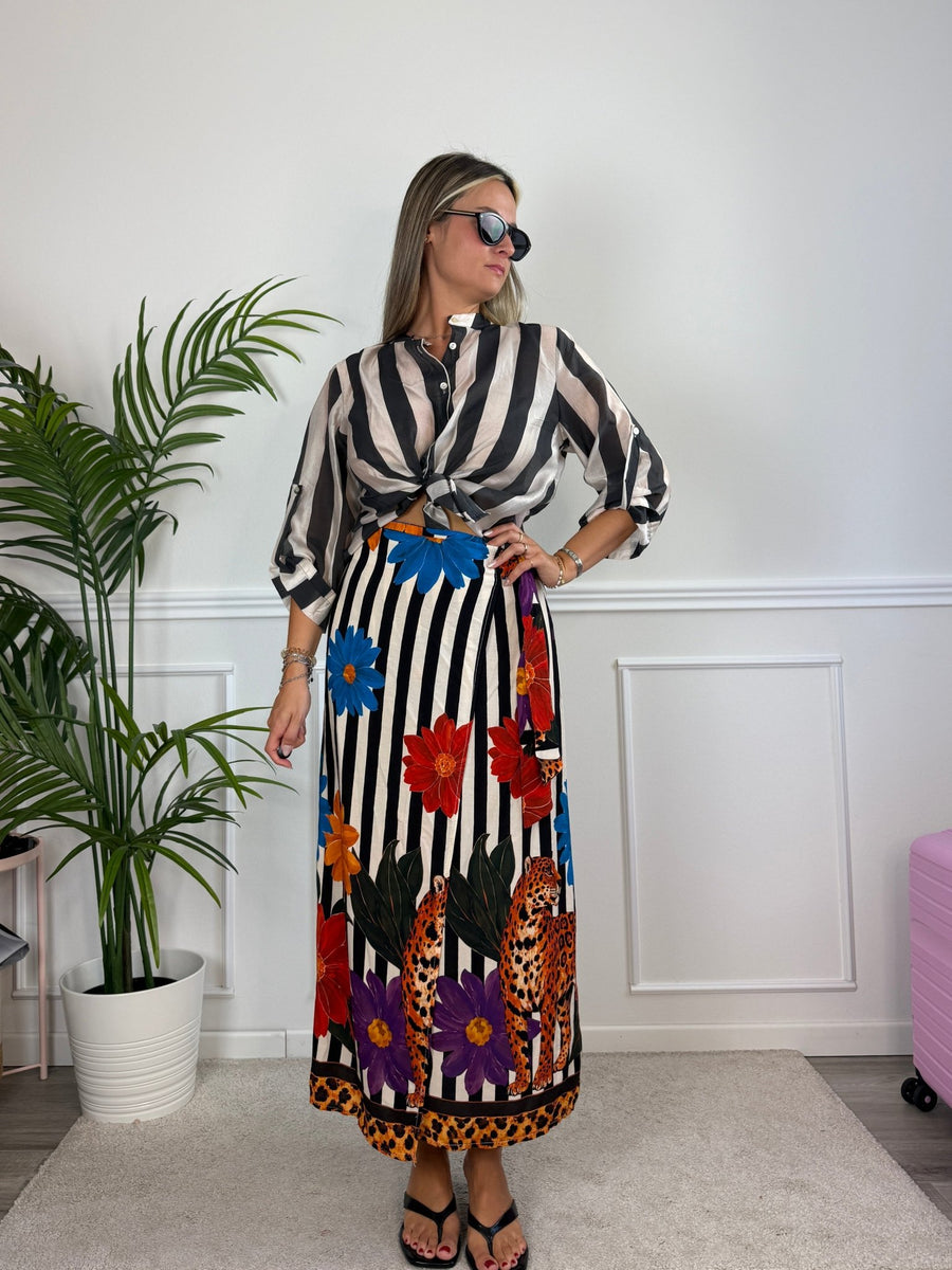 Pareo gonna lungo a righe con leopardi e fiori multicolor ISLA