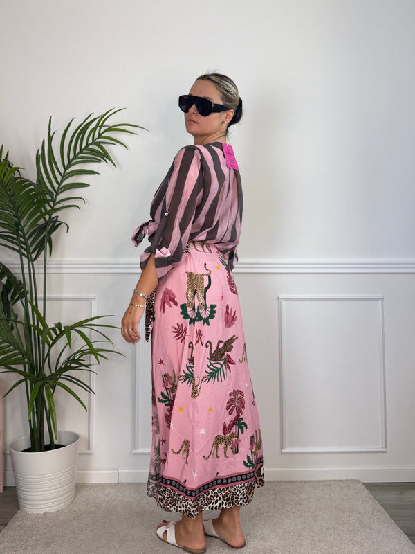Pareo gonna lungo rosa con stampe animalier e foglie tropicali ISLA - Follie by Alice