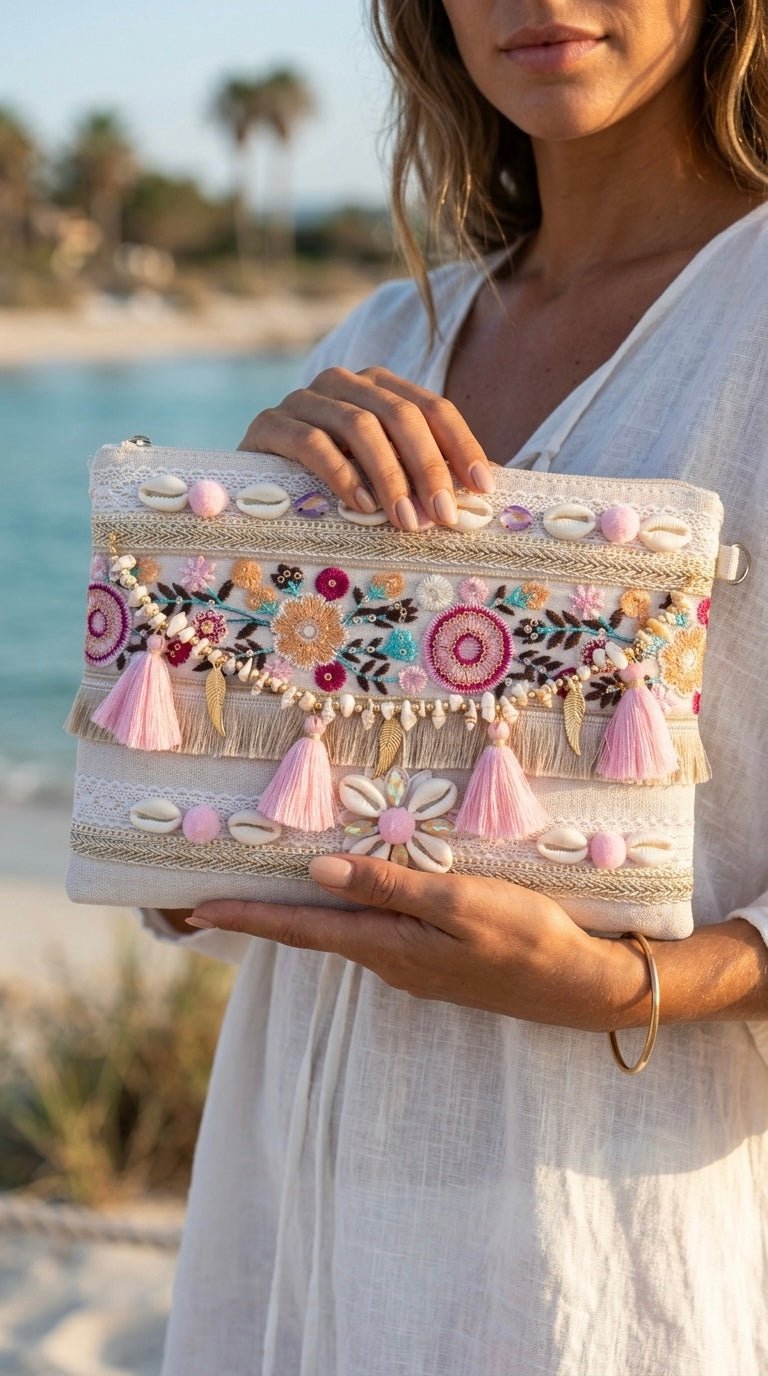 Pochette mare in juta con ricami floreali, conchiglie e pouf rosa - Follie by Alice