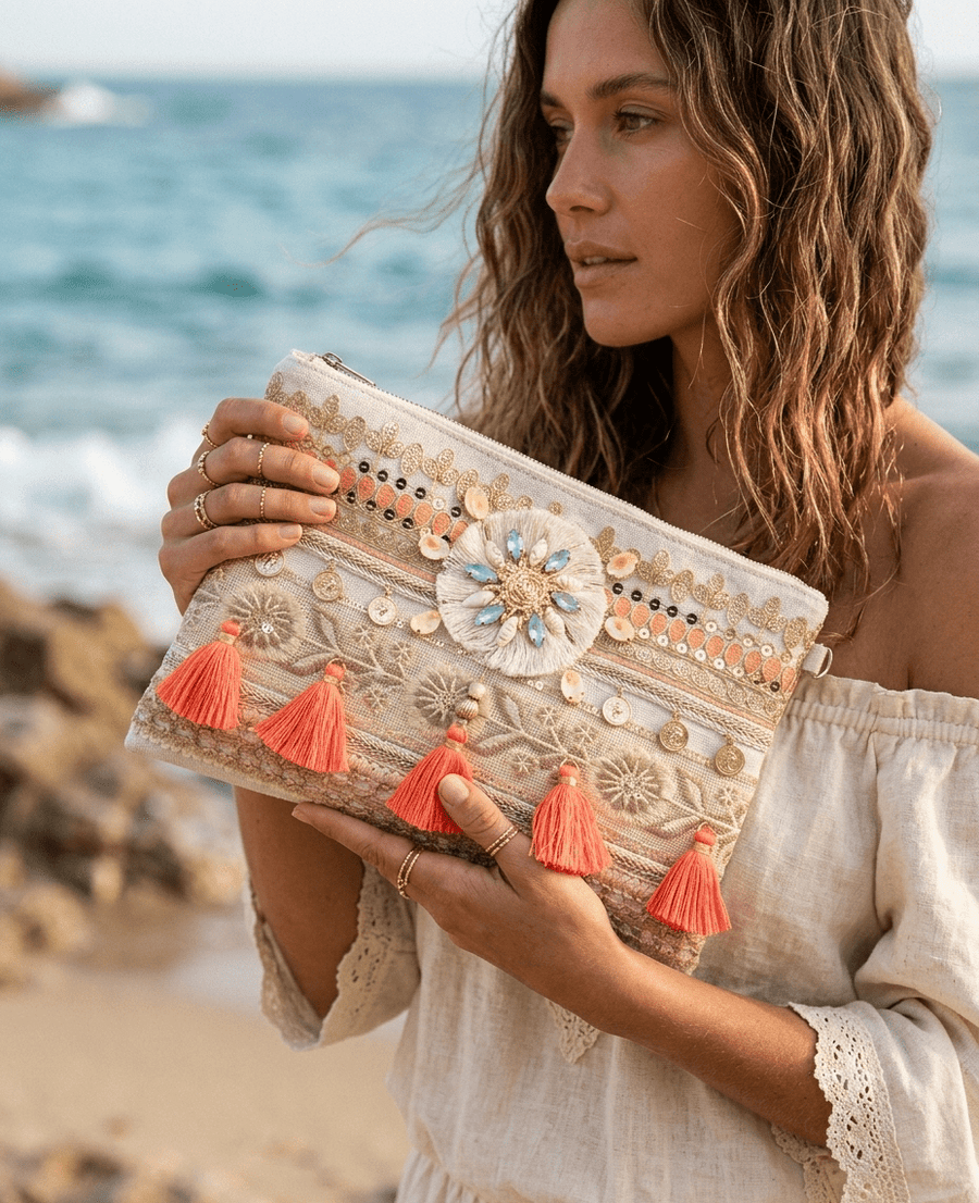 Pochette mare in juta con strass e pouf arancioni