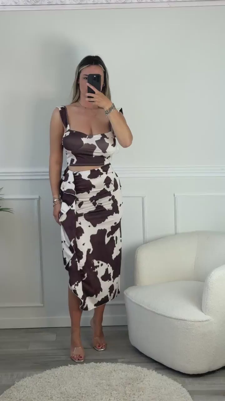 Set coordinato Cow Print con corsetto crop e gonna lunga con spacco e fusciacca - Follie by Alice