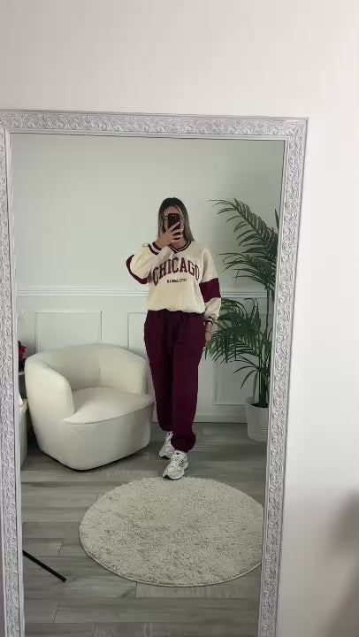 Felpa oversize con orli a costine a contrasto e stampa Chicago