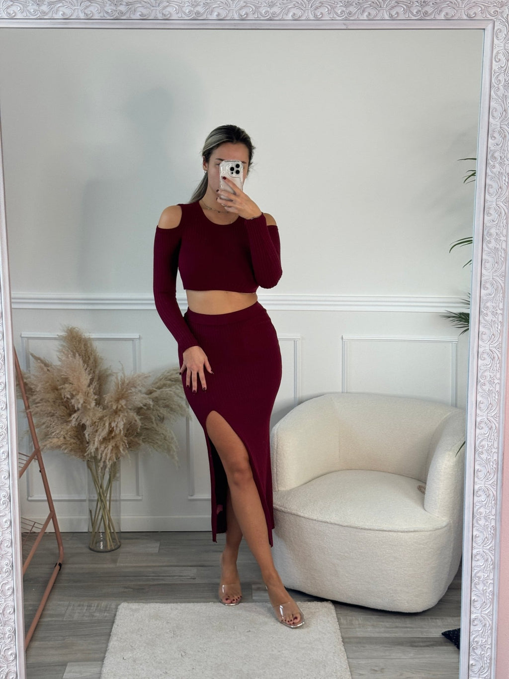 Set LILY top cut - out a maniche lunghe e gonna lunga con spacco a costine - Follie by Alice