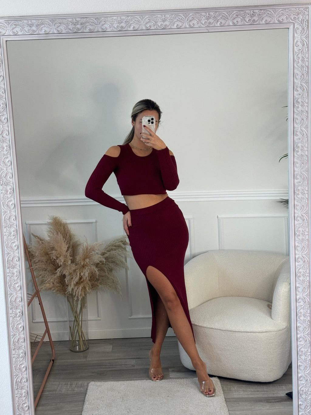Set LILY top cut - out a maniche lunghe e gonna lunga con spacco a costine - Follie by Alice