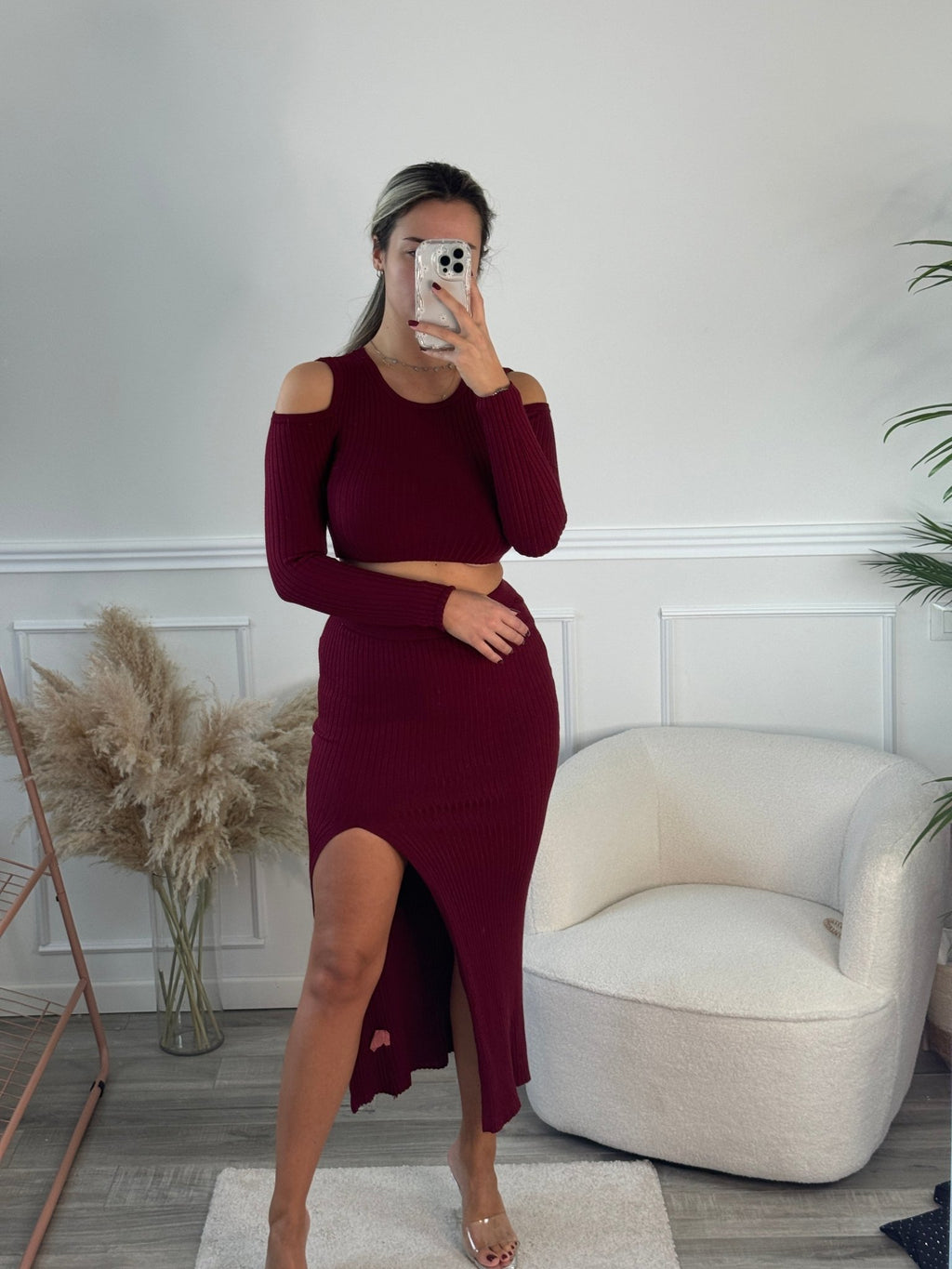 Set LILY top cut - out a maniche lunghe e gonna lunga con spacco a costine - Follie by Alice
