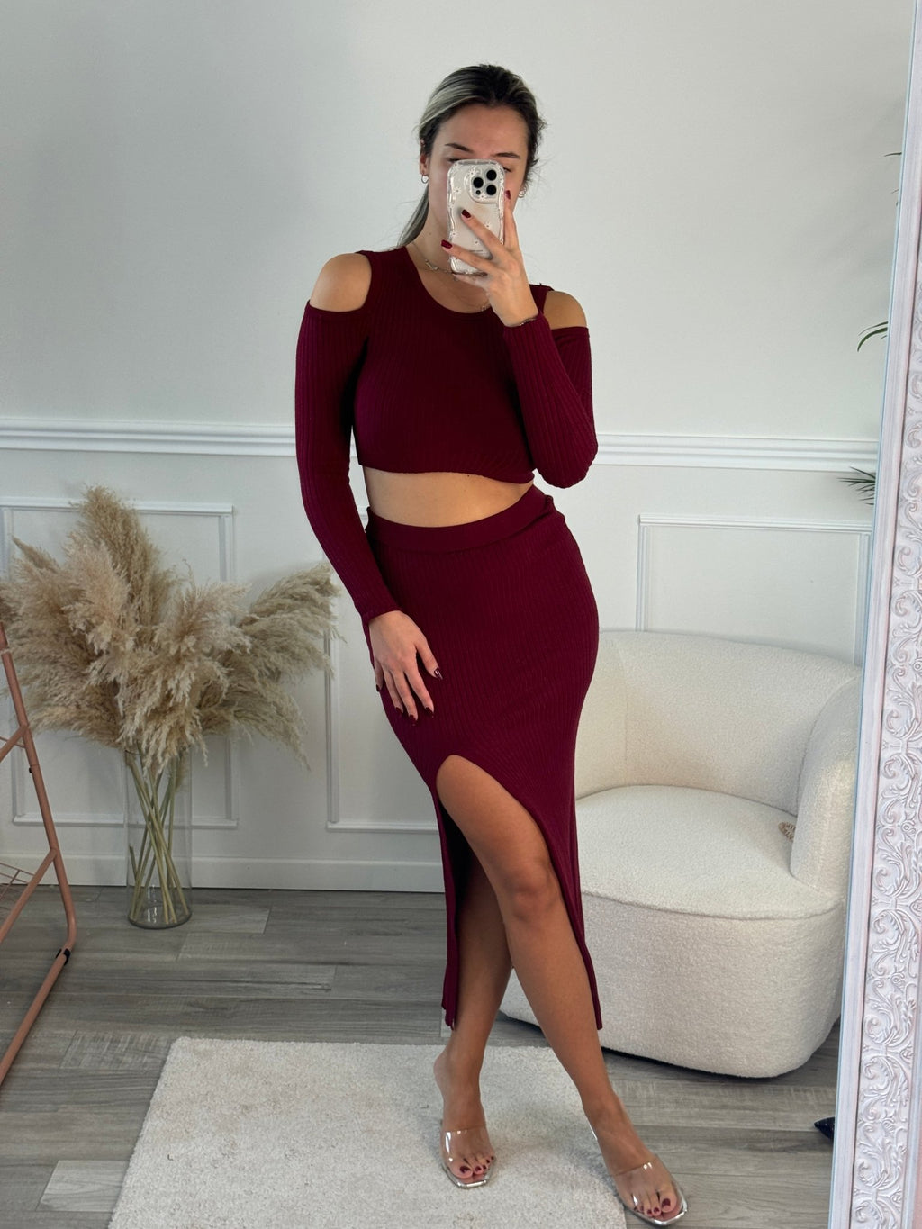 Set LILY top cut - out a maniche lunghe e gonna lunga con spacco a costine - Follie by Alice