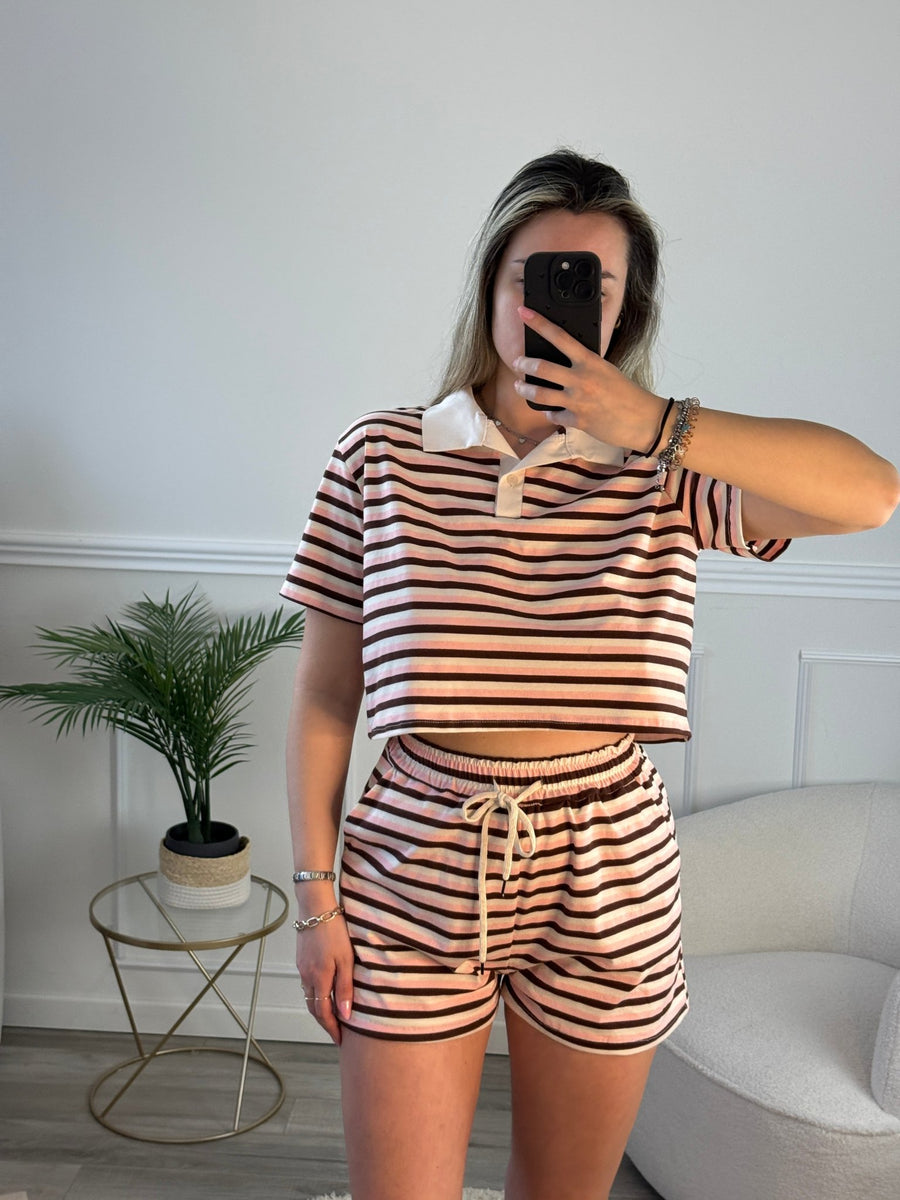 Polo cropped a righe con colletto a contrasto